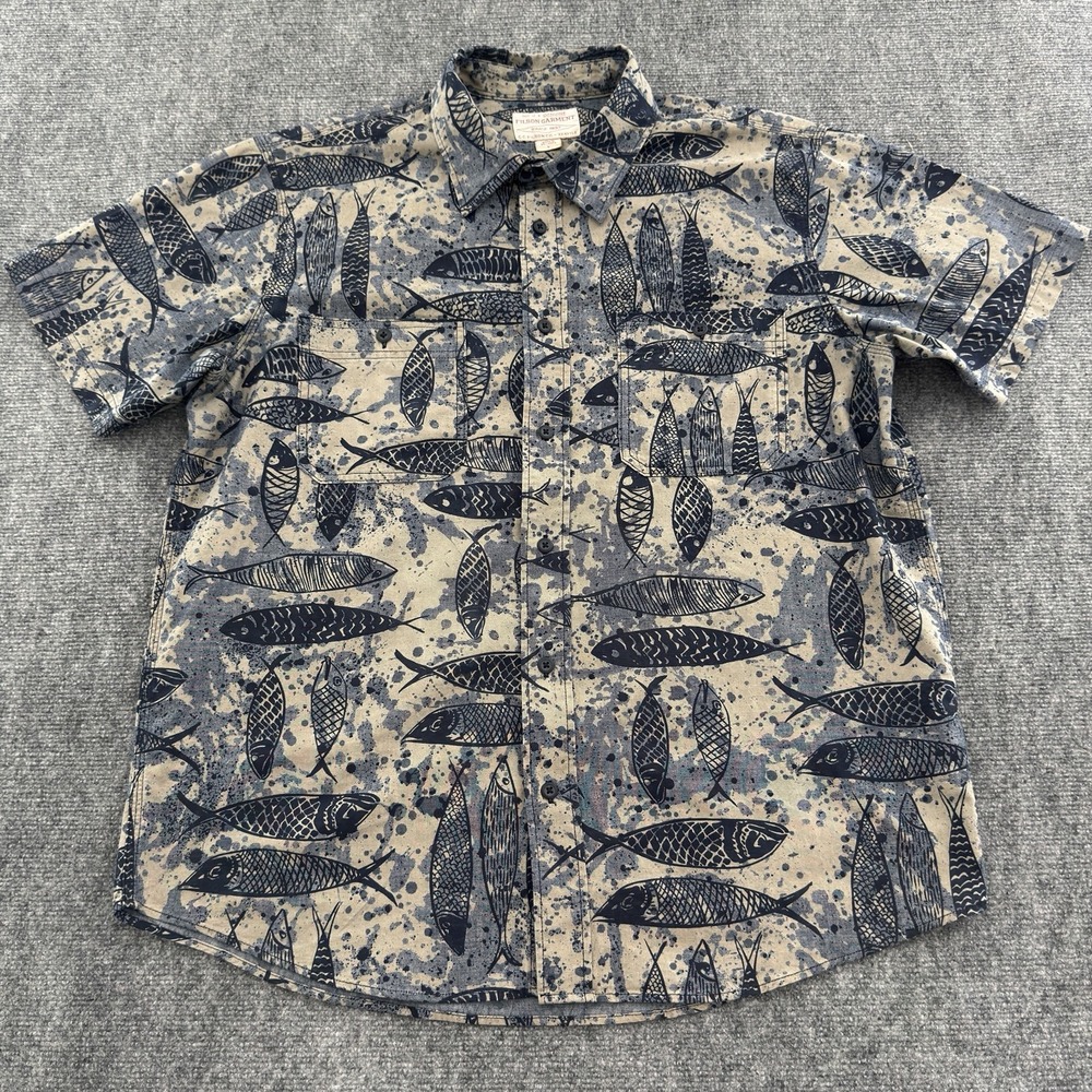 FILSON SHORT SLEEVE CHAMBRAY SHIRT BLUE INK FISH PRINT L